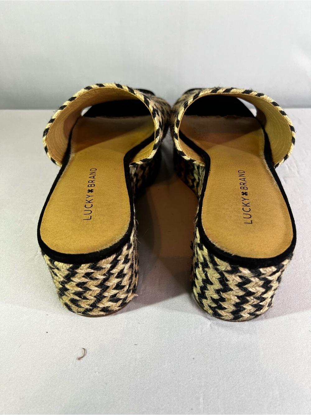 Lucky Brand Beffani Wedge Sandals Size 9 Black Cream Woven Jute Espadrille Boho - Picture 10 of 12
